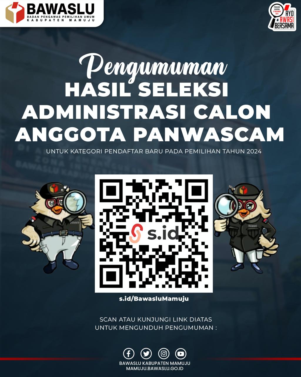 PENGUMUMAN HASIL SELEKSI ADMINISTRASI CALON ANGGOTA PANWASLU KECAMATAN  UNTUK KABUPATEN MAMUJU