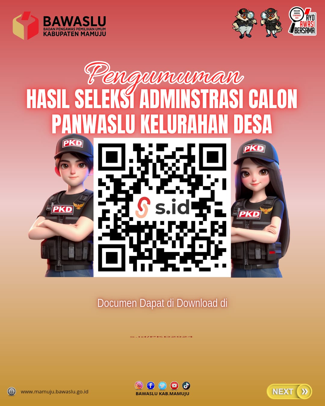 PERUBAHAN PENGUMUMAN  NOMOR : 303/KP.01.00/K.SR-03/05/2024 TENTANG PENGUMUMAN HASIL SELEKSI ADMINISTRASI CALON ANGGOTA PANWASLU KELURAHAN/DESA